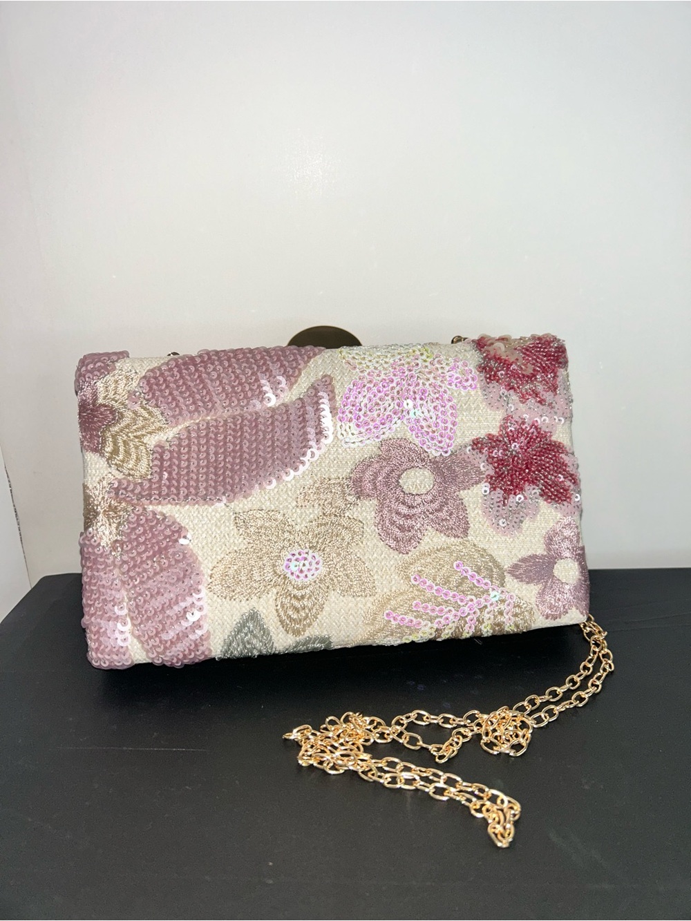 Sequined Floral Pink Evening Clutch with Gold Chain